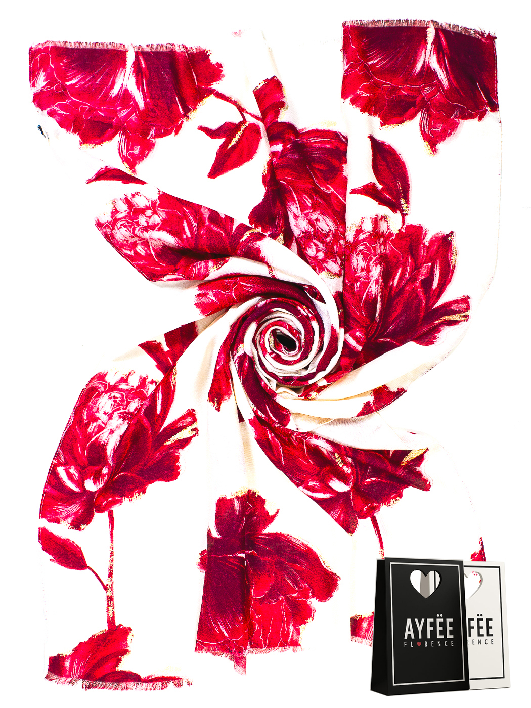 STOLA STAMPA LUXURY FLOWER CON GLITTER CM 90*180, 100% VISCOSE, MADE IN PRC        - BORDEAU
